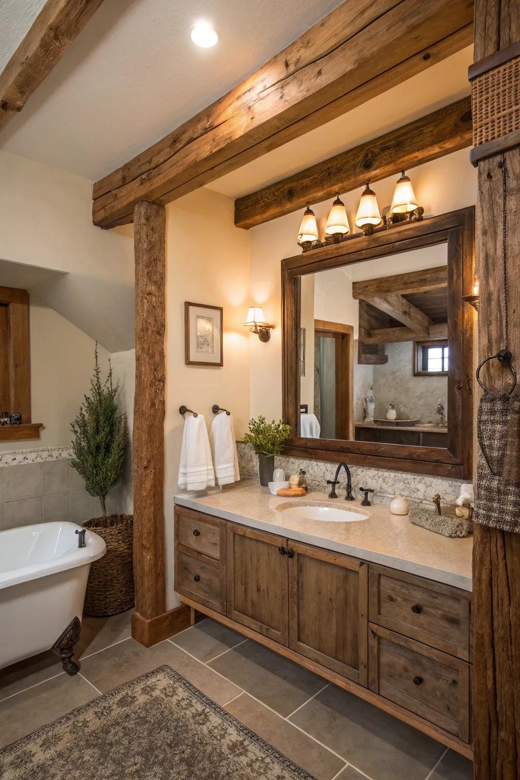 Salvaged wood frames bring warmth and countryside appeal to any bathroom.