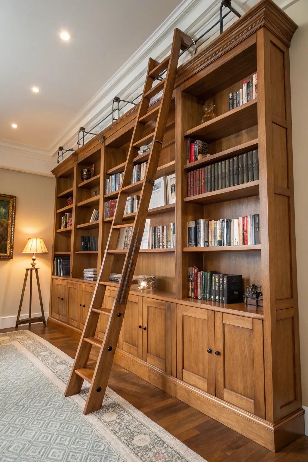 A library ladder enhances the sophistication and accessibility of this impressive bookshelf.