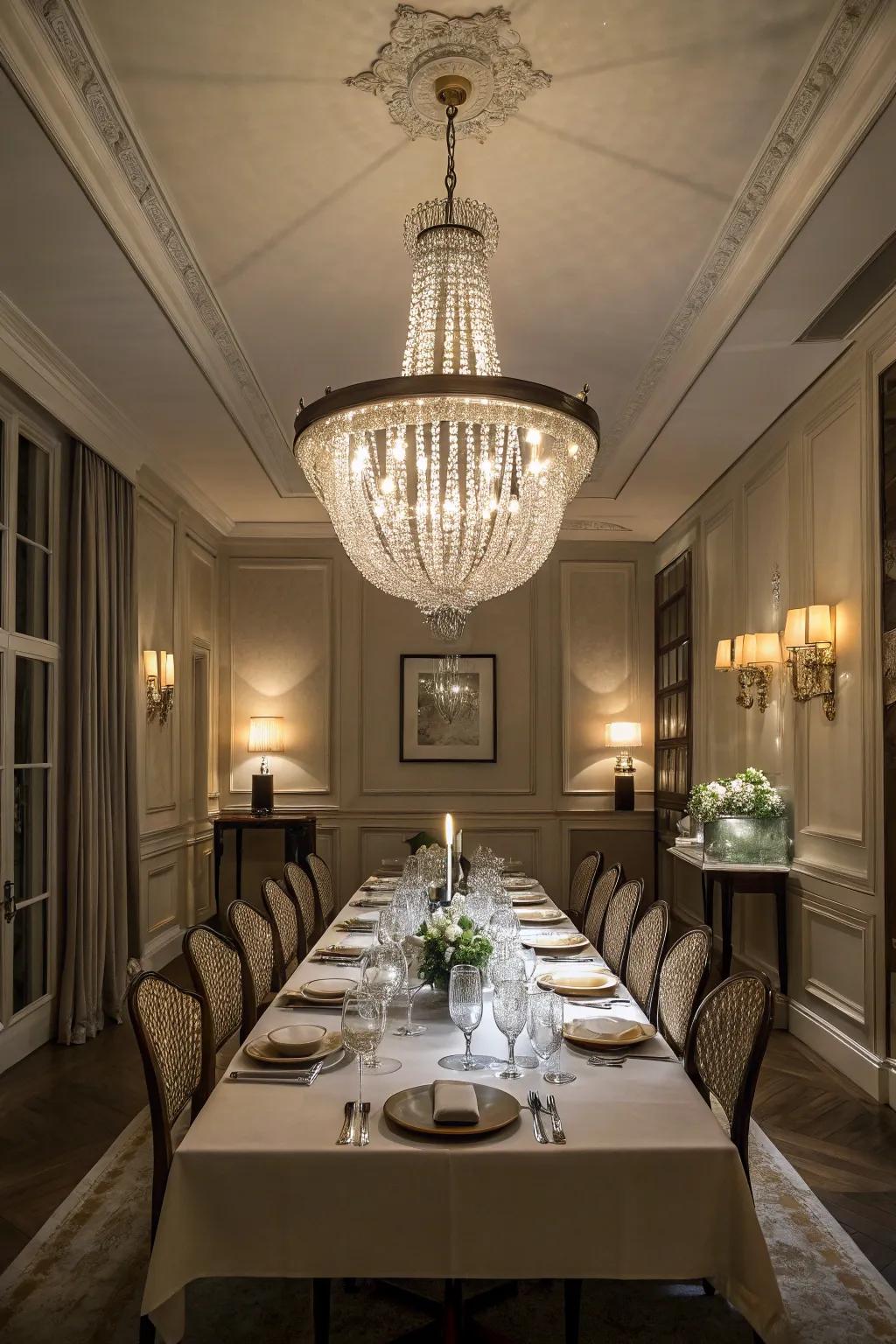Striking lighting that adds elegance and warmth to the dining area.