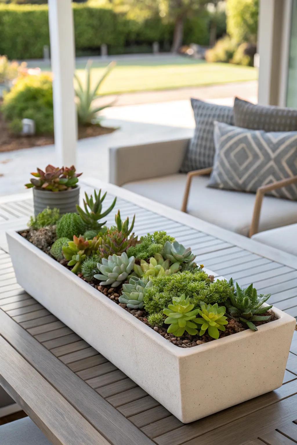 A modern trough planter showcasing a linear succulent arrangement.