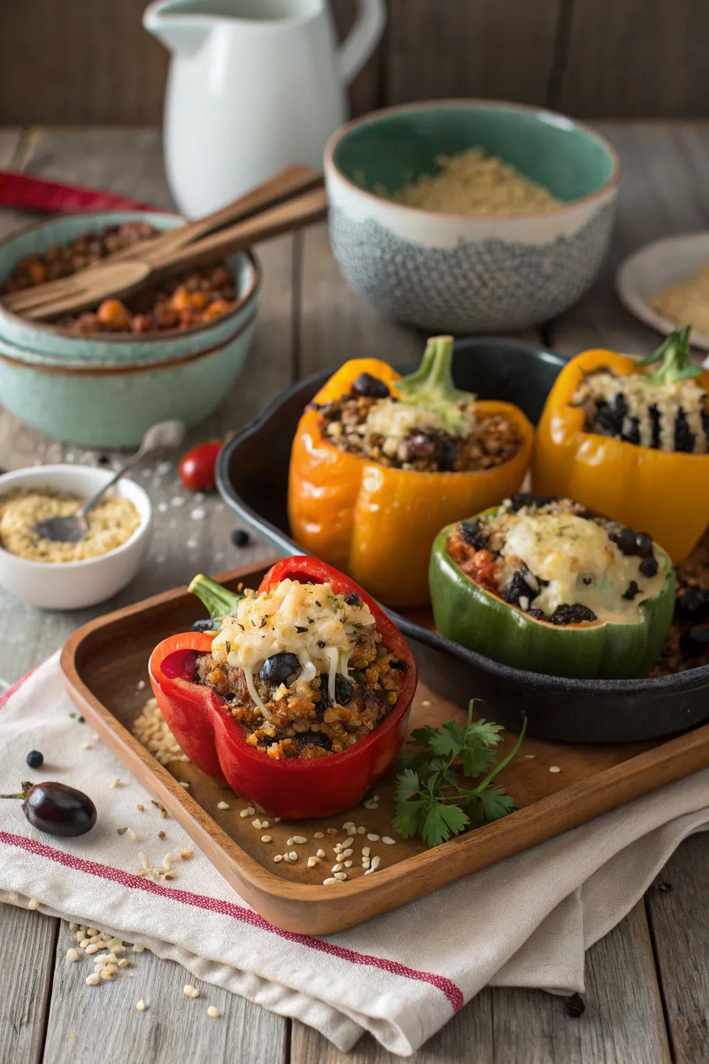 Vibrantly stuffed bell peppers poised to satisfy your late-night hunger.