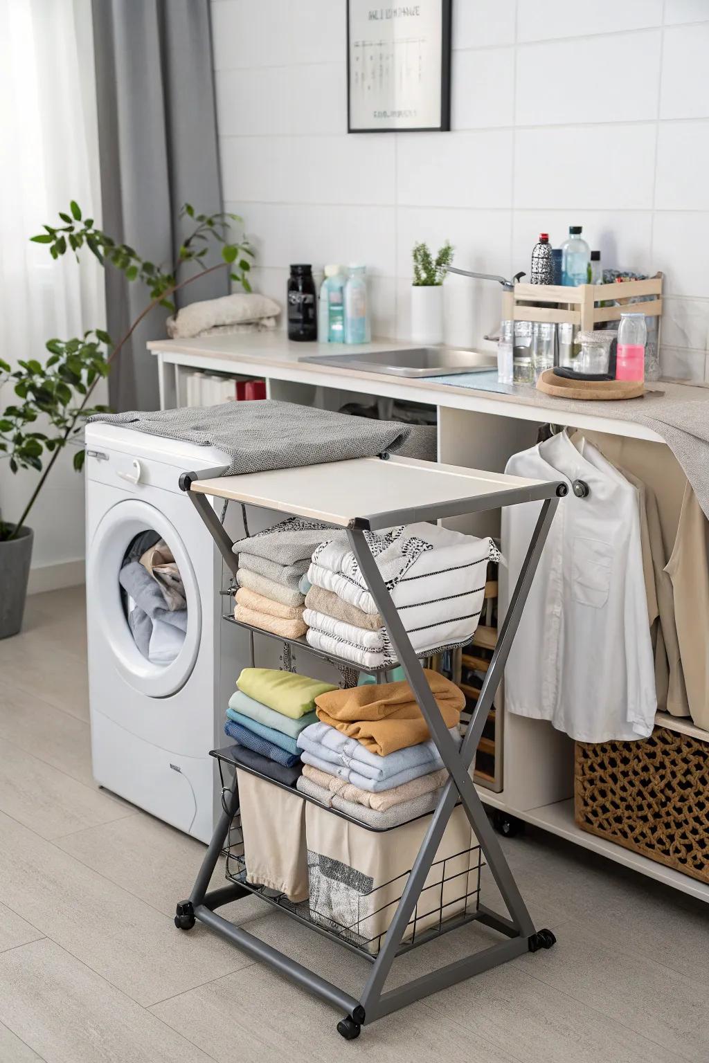 A folding unit with integrated storage enhances convenience.