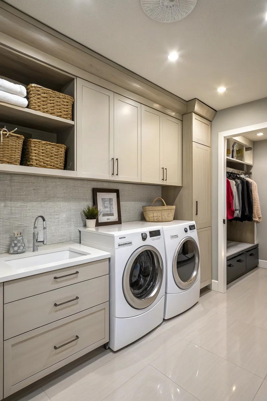 Chic cabinetry introduces elegance to your washing space.