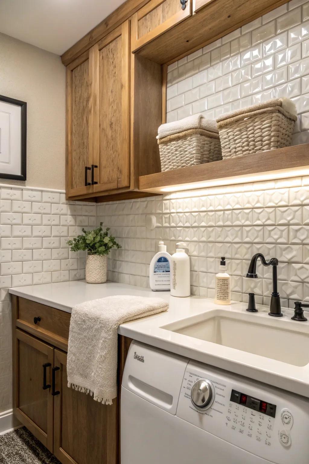 Textured tiles enrich the aesthetic of your laundry space.
