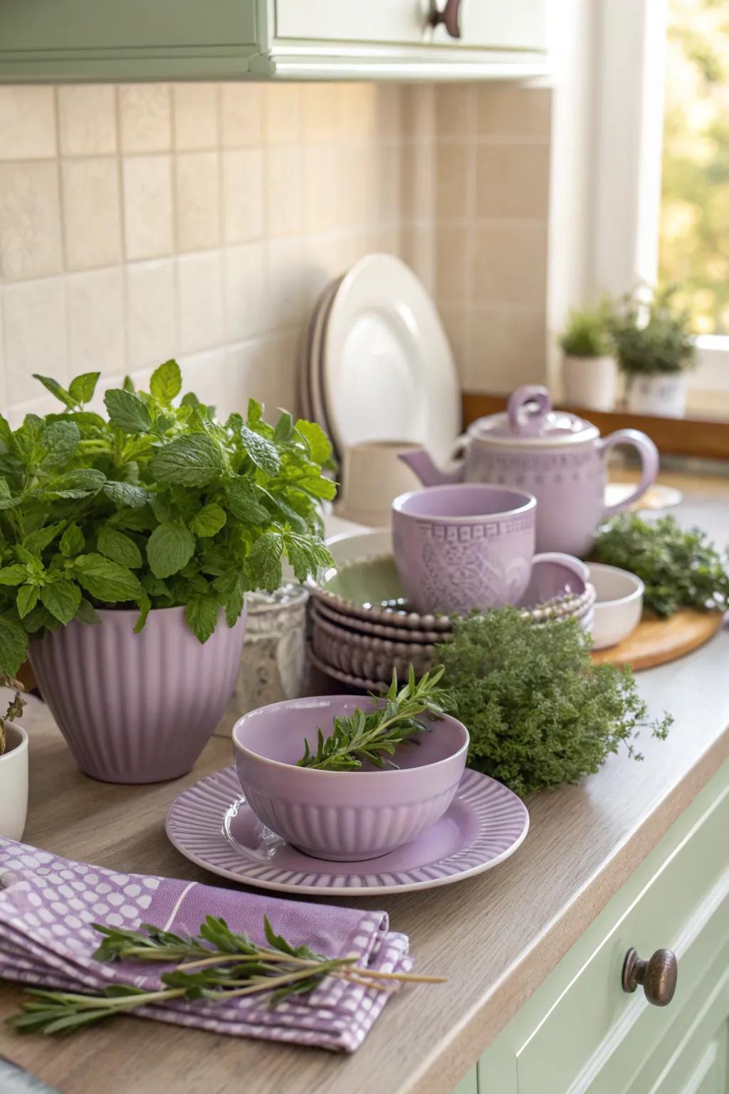 A kitchen featuring lavender tableware and fresh herbs creating a fragrant and fashionable atmosphere.