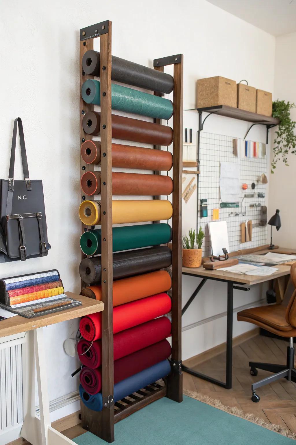 Upright arrangement fixtures ensure hide rolls are organized and within reach.