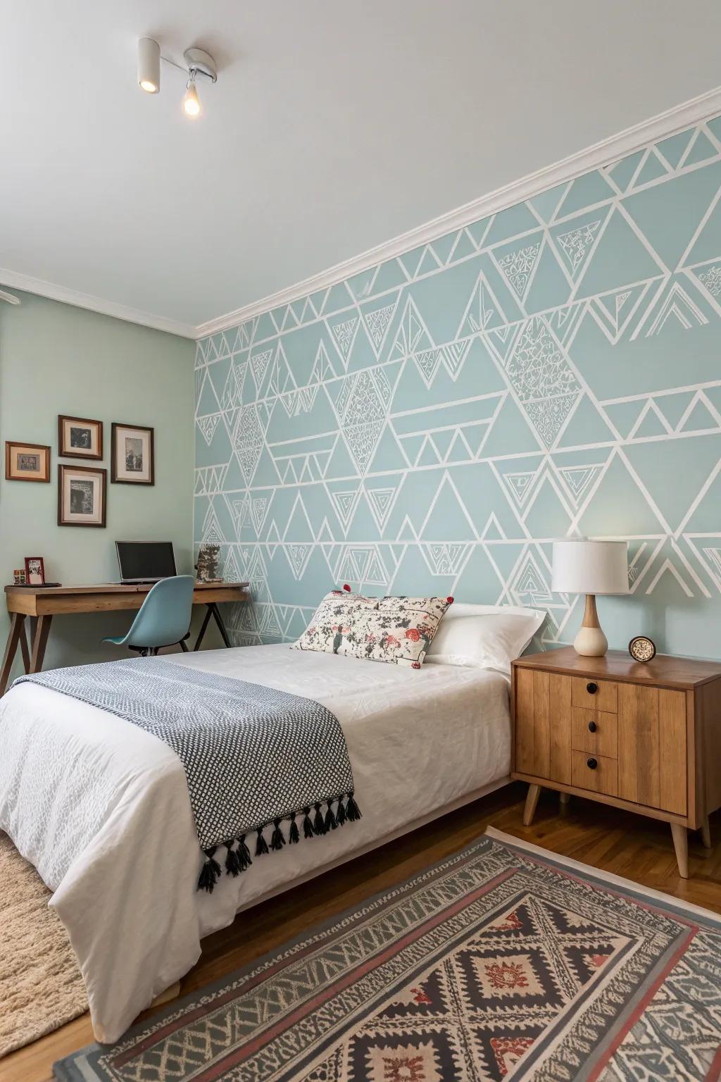 A bedroom with a light blue feature wall showcasing geometric patterns for a striking point of interest.