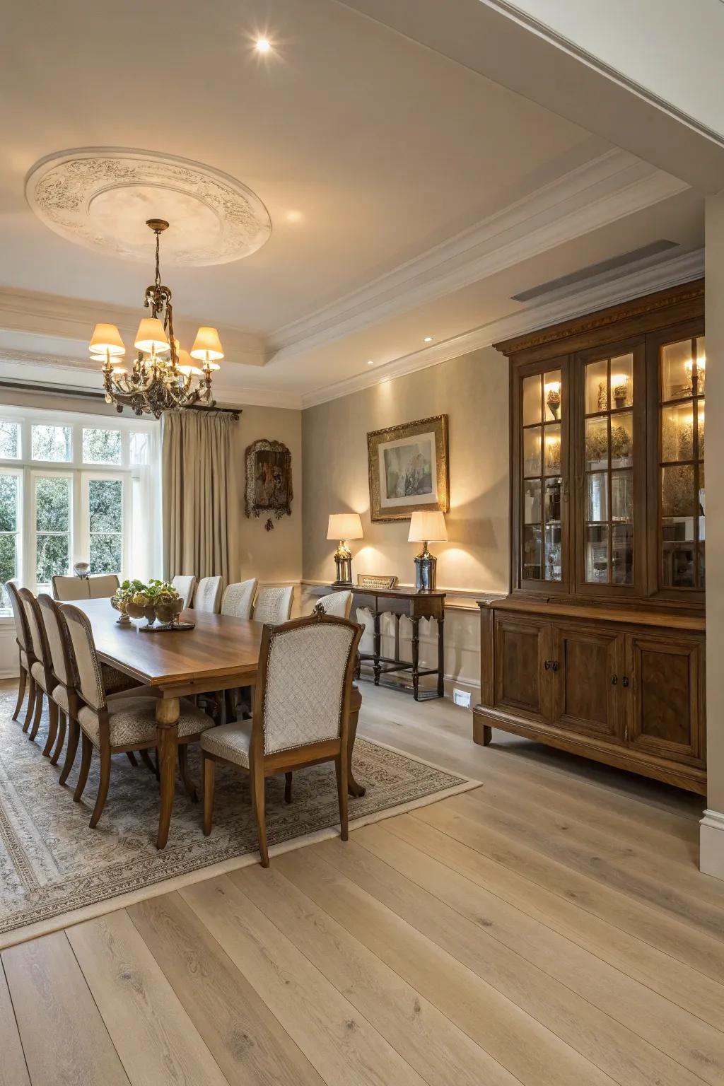 Light beige white oak flooring brings timeless beauty to this dining area.