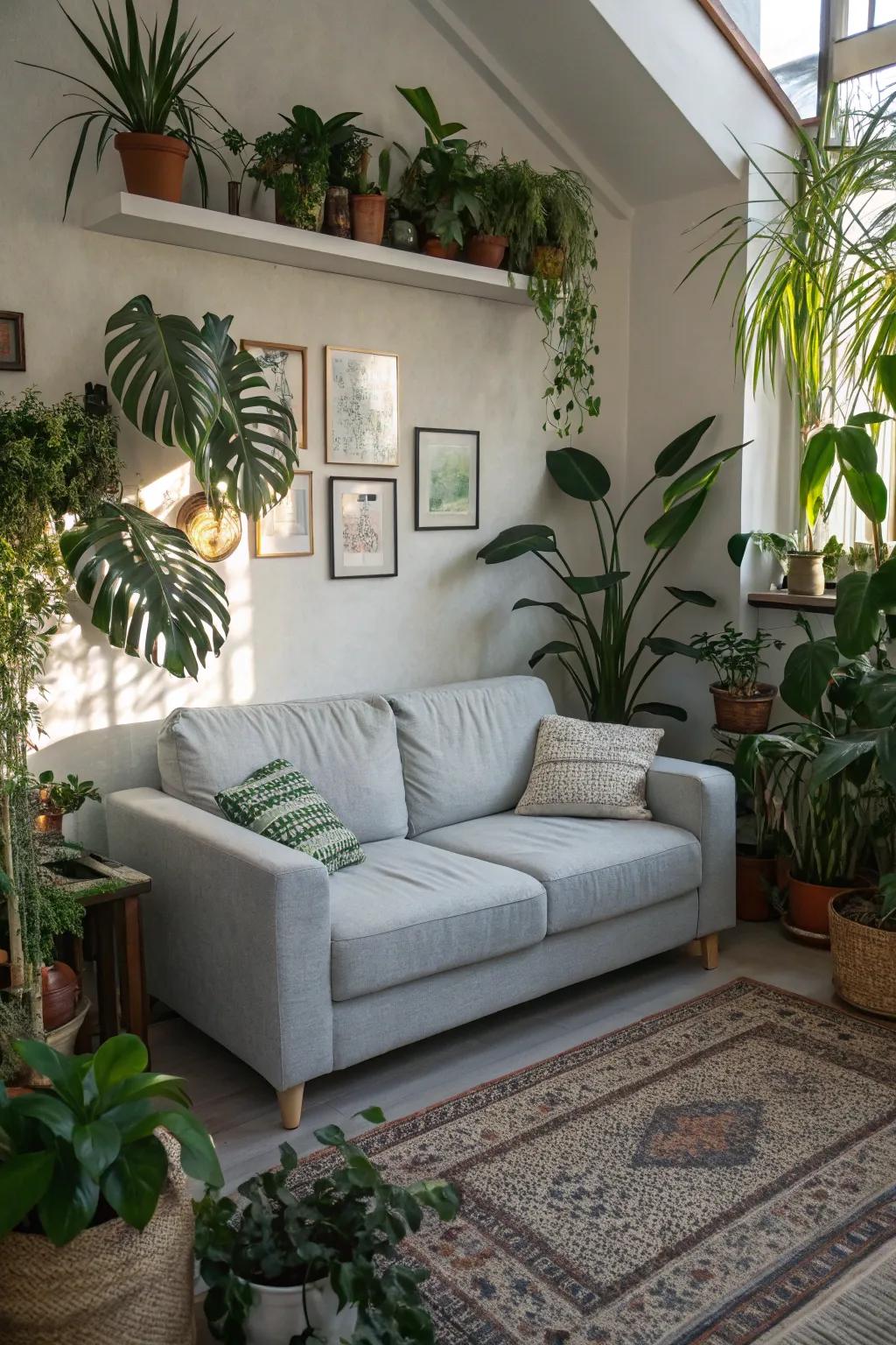 Interior plants introduce an element of freshness and vibrancy to an area furnished with a light grey couch.