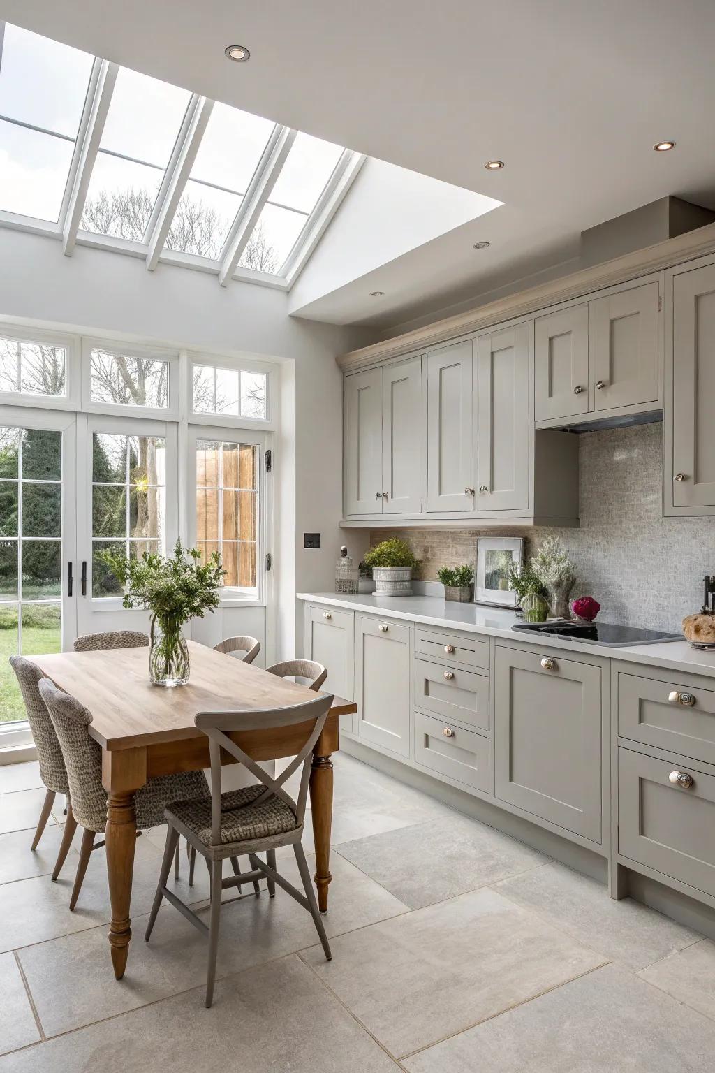Unrestricted layouts enhance the airy impression of delicate grey cabinets.
