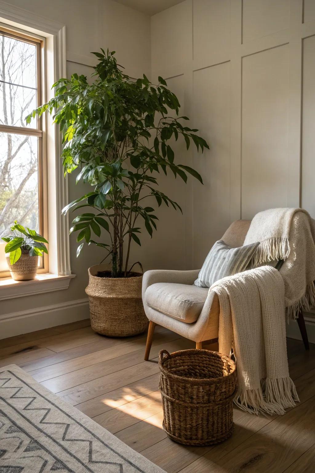Botanical touches infuse vibrancy into a light wood floor bedroom.