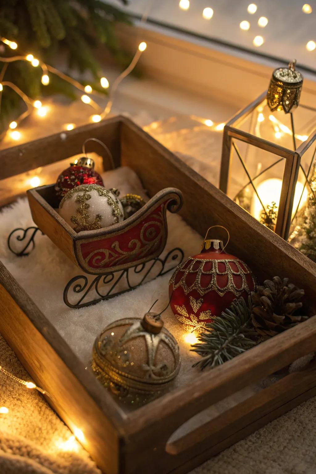 A nostalgic aged Christmas display receptacle