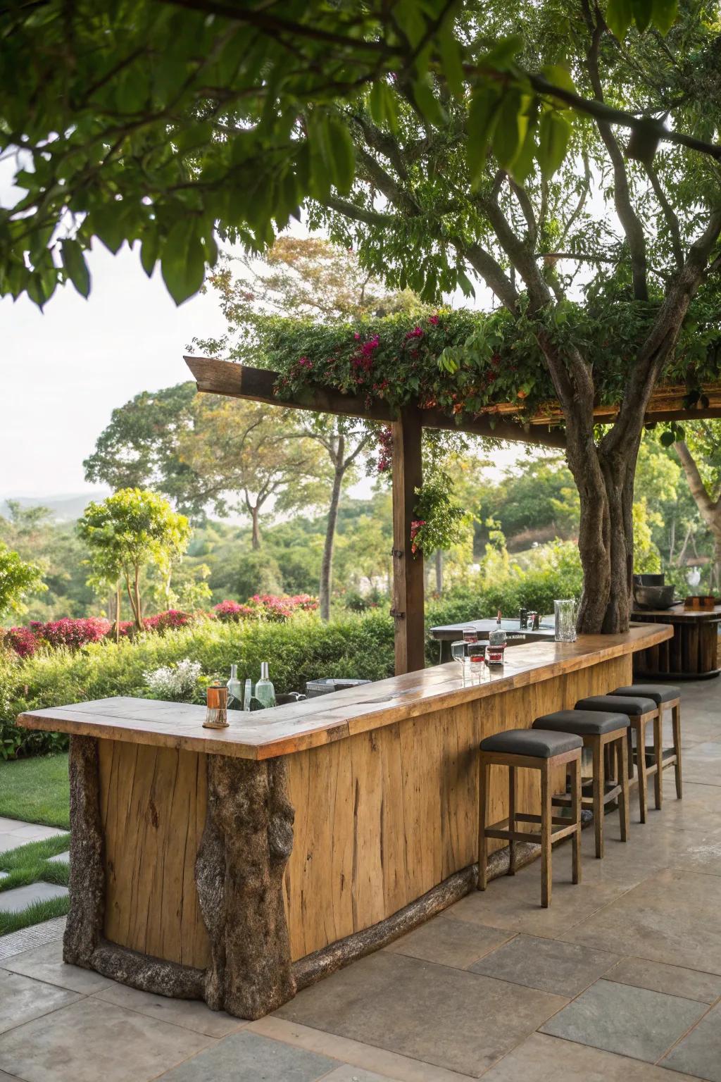 An outdoor natural-edge bar set against a scenery of lush plants, ideal for amusing.