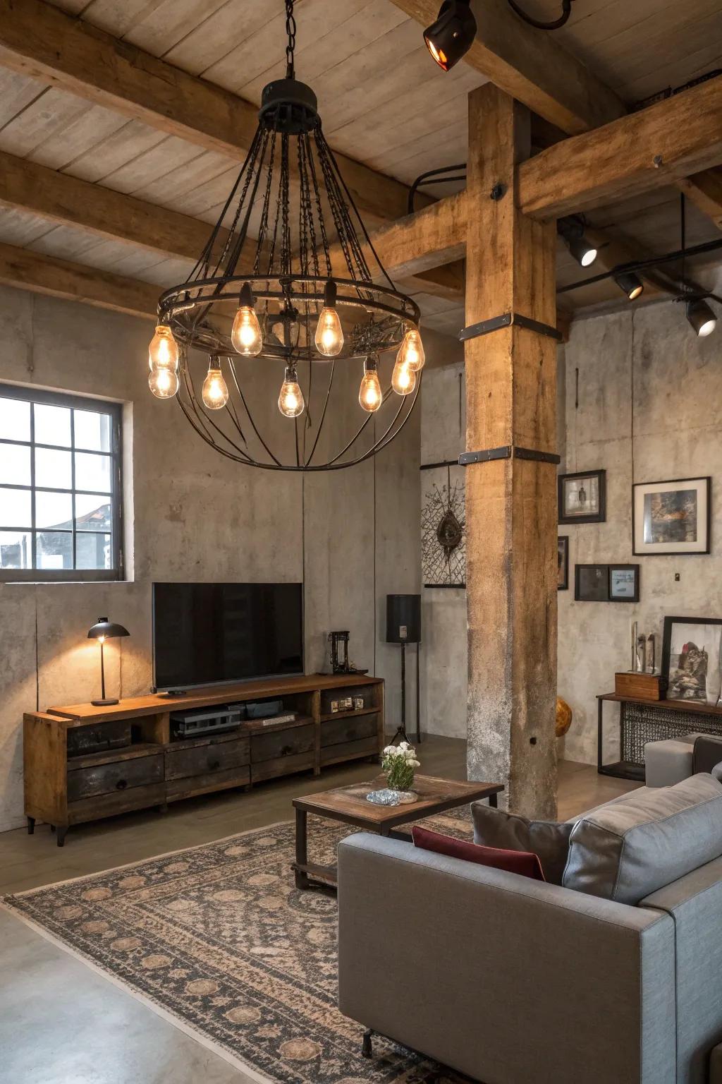 An industrial-themed living room displays a vintage chandelier complete with exposed bulbs.