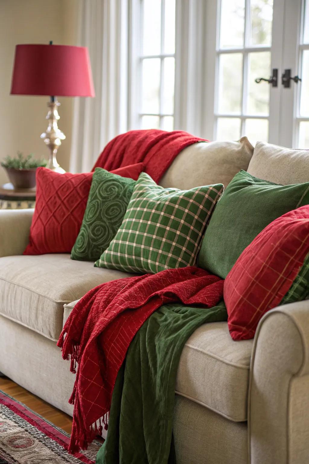Comfortable textiles in festive tones cultivate a welcoming and warm environment.