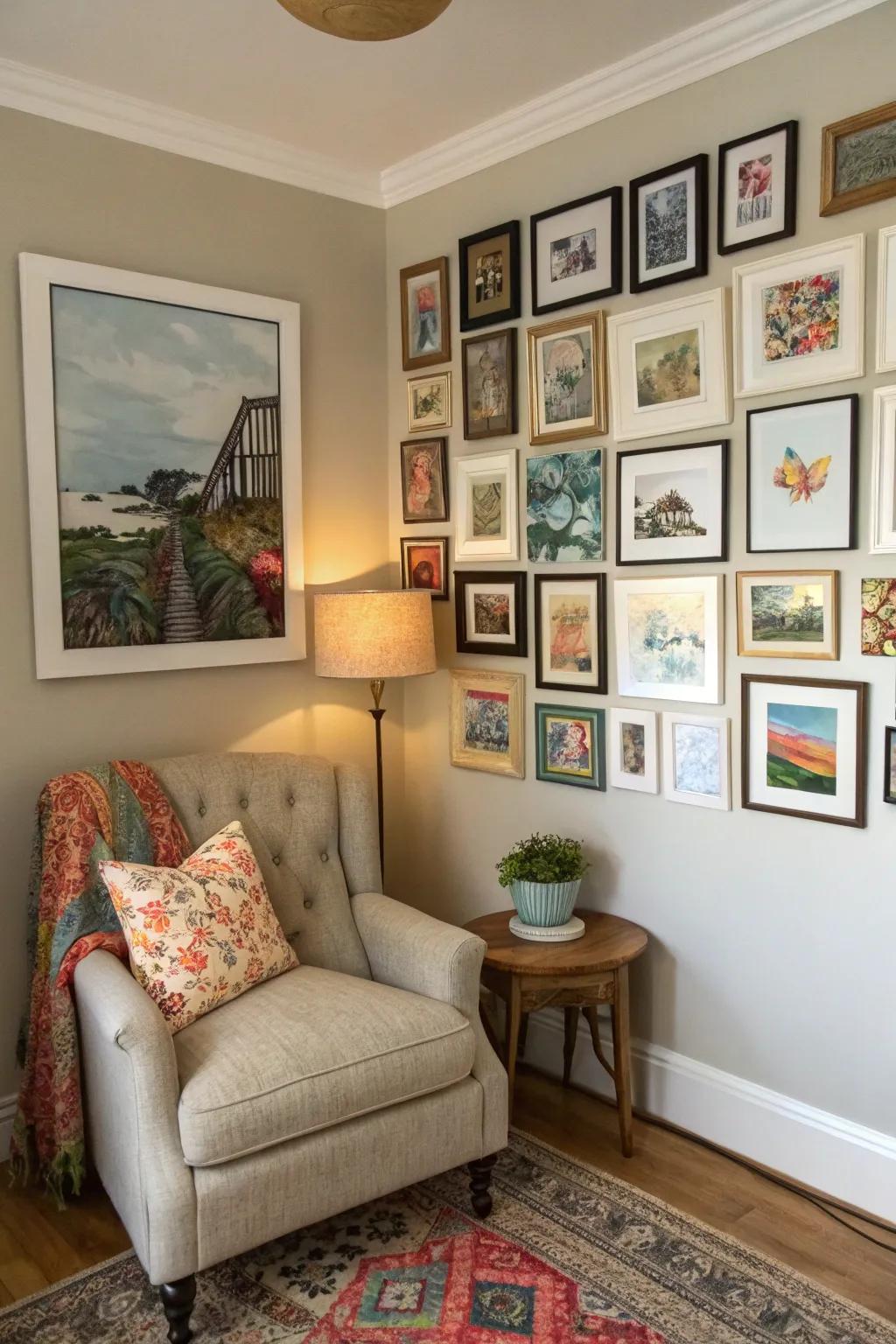 An artistic gallery wall can be a striking feature in a family room corner.