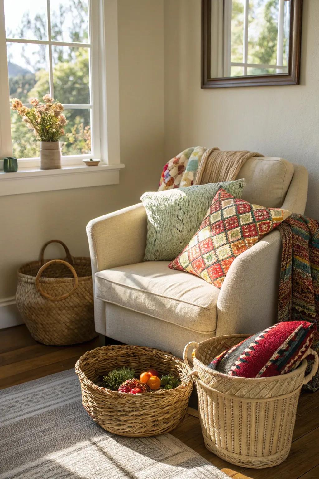 Interwoven materials introduce warmth and utility to the decor.