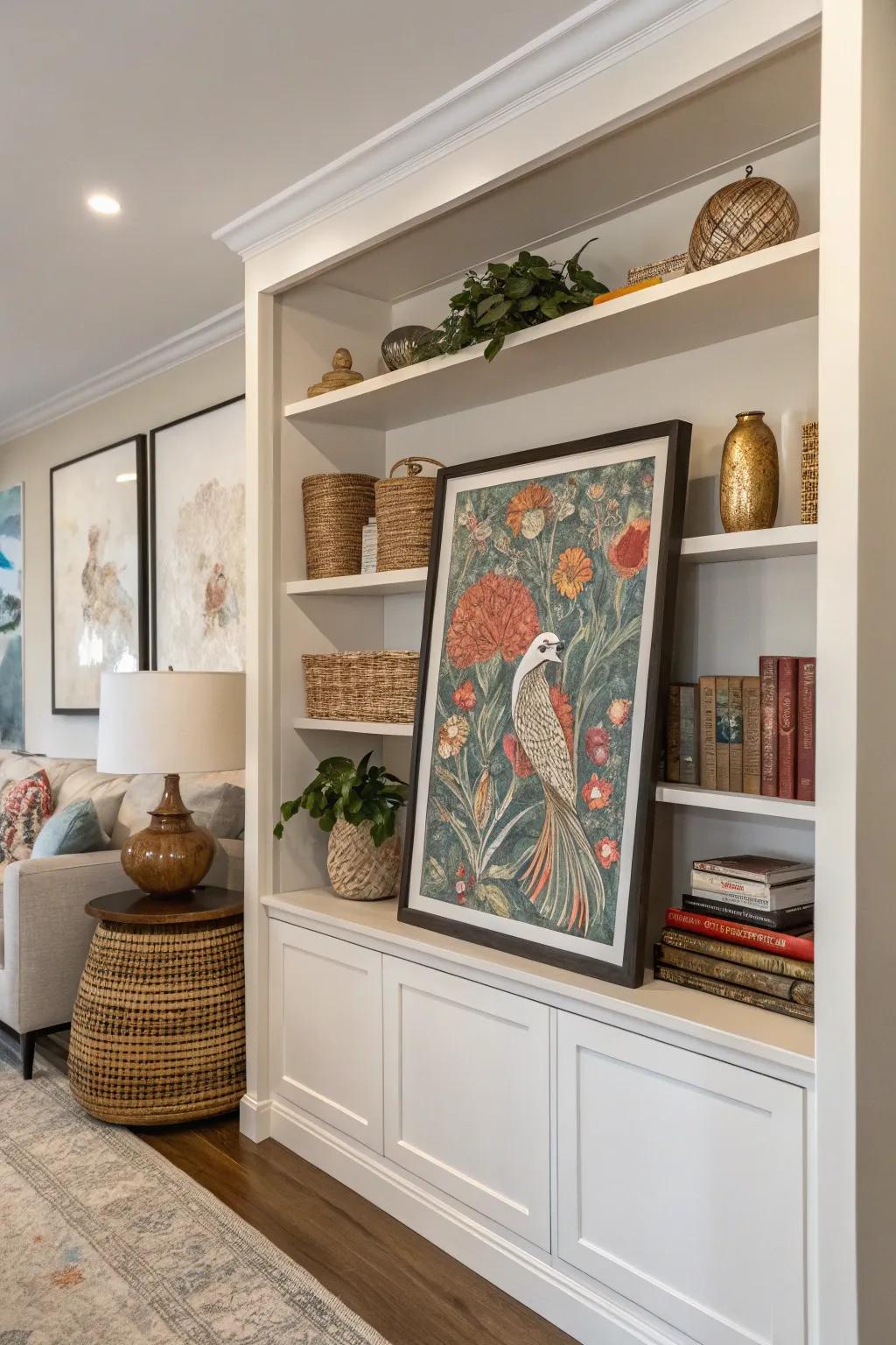 A statement artwork infuses character into the shelves.