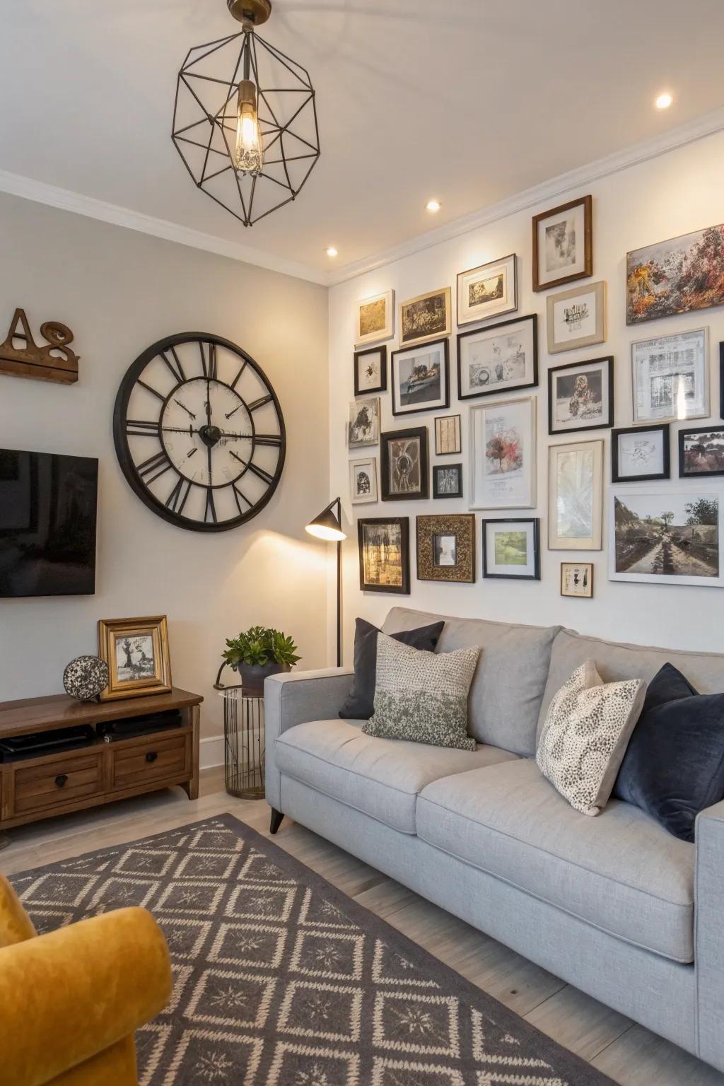 A gallery wall incorporating a wall clock becomes a captivating artistic attraction.