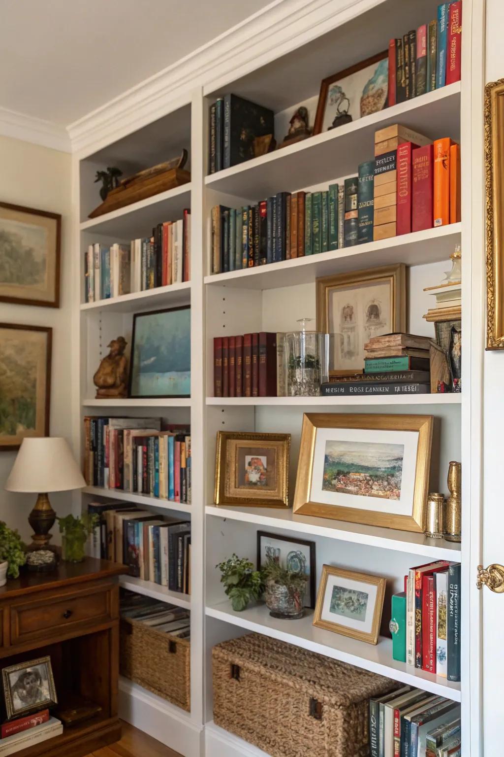 Artistic elements contribute a unique personal touch to your family room bookshelves.