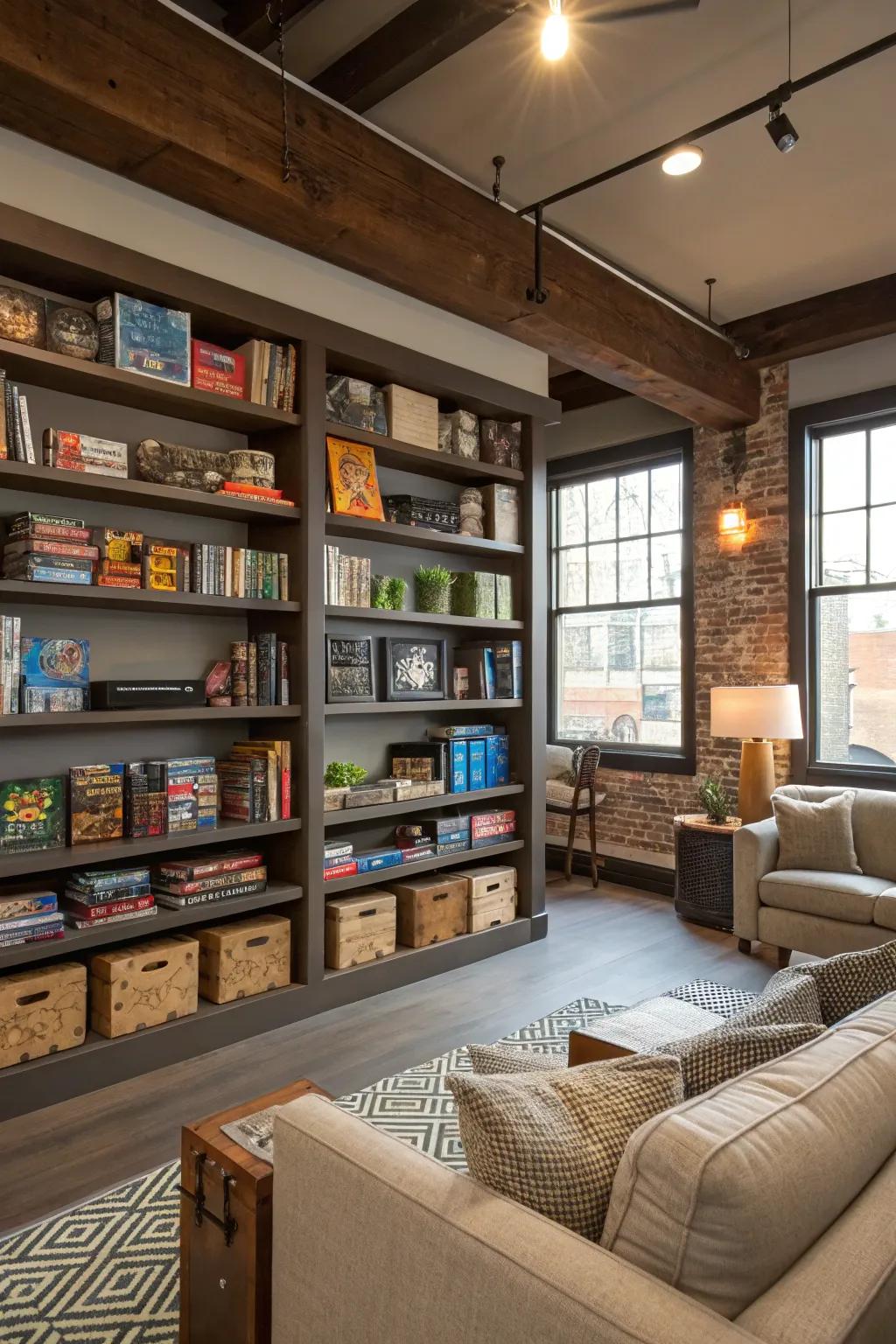 Inset shelving provides storage and decorative display opportunities.