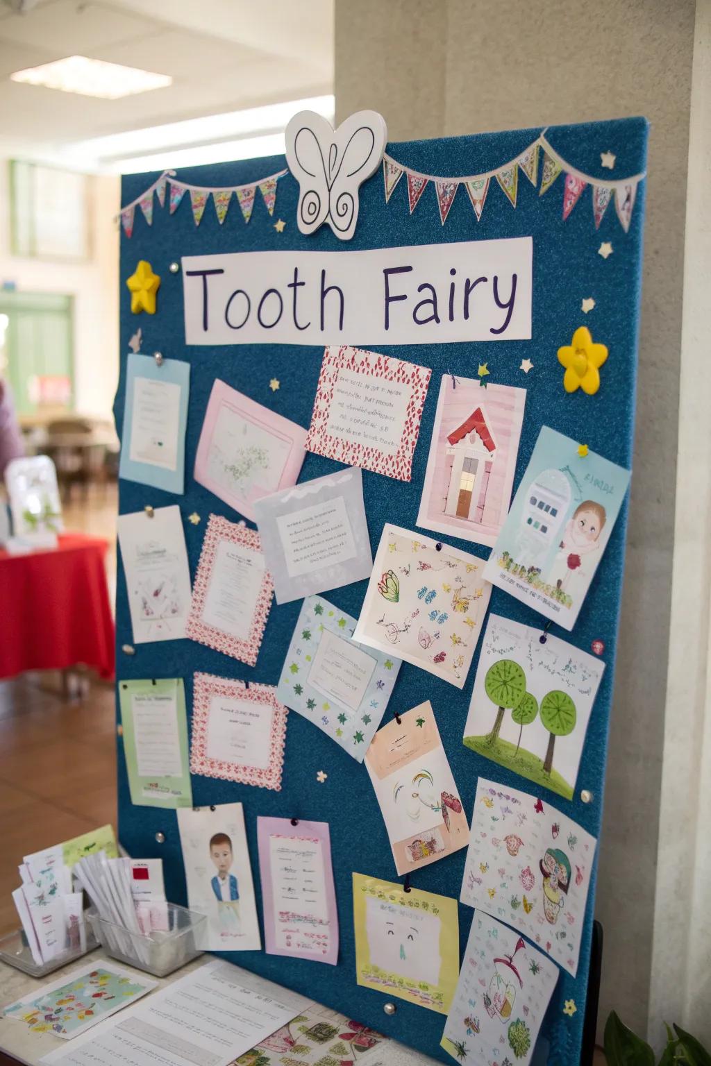 A charming bulletin board highlighting letters addressed to the Tooth Fairy.