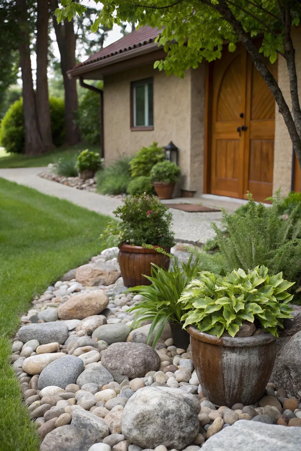 Potted greens beautifully positioned on a bed of stones.
