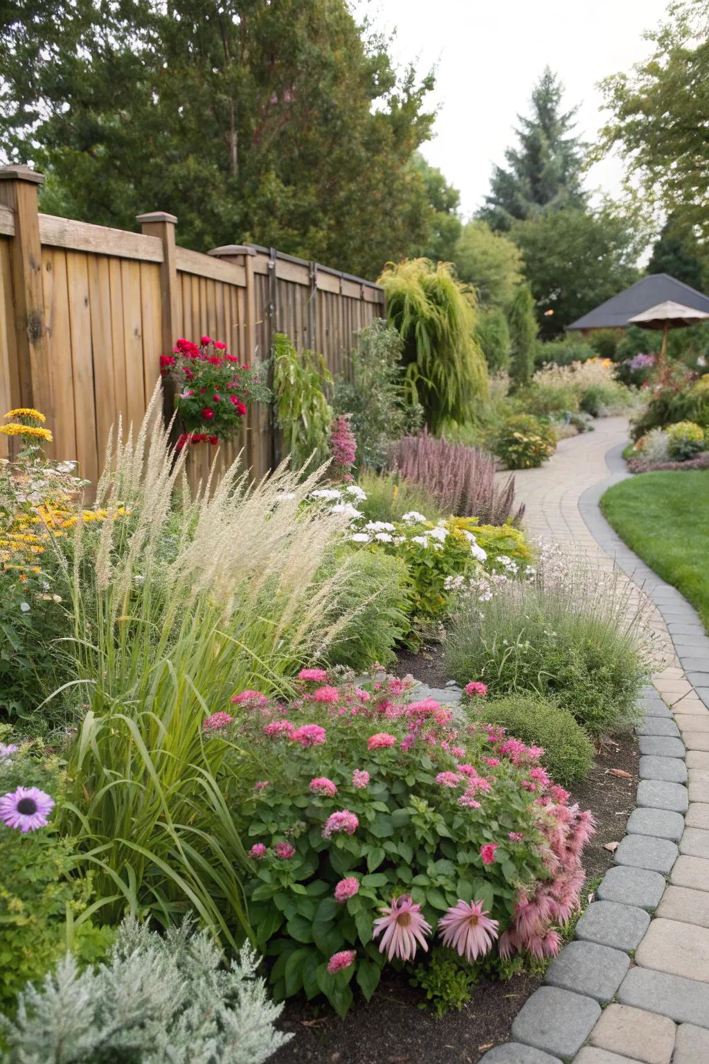 A vibrant garden bed with varied plantings for simple care.