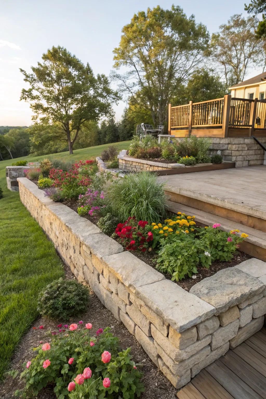 Garden spaces with stone bordering adjacent to a raised deck.