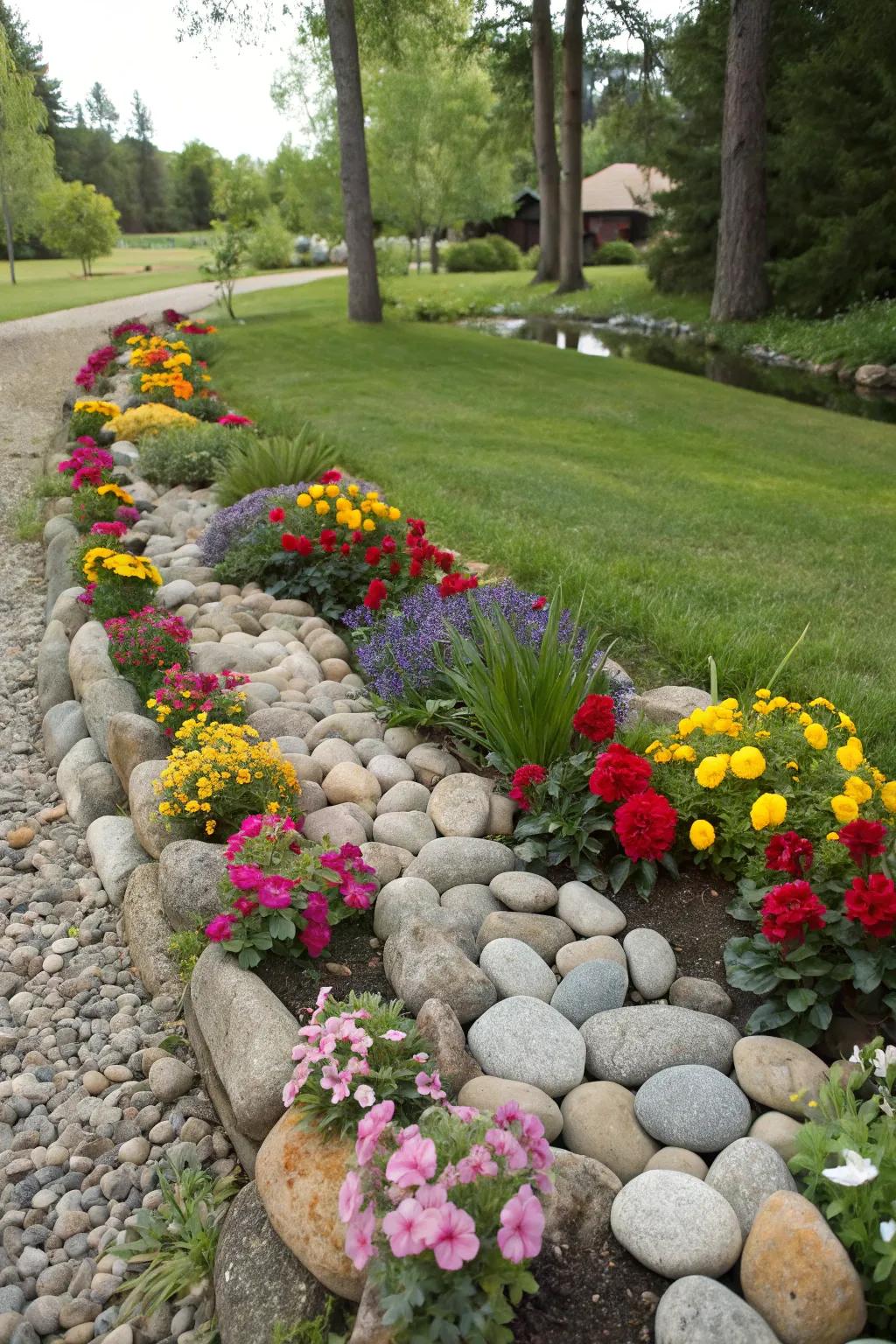 Elevate your planting beds using stylish pebble stone edges.