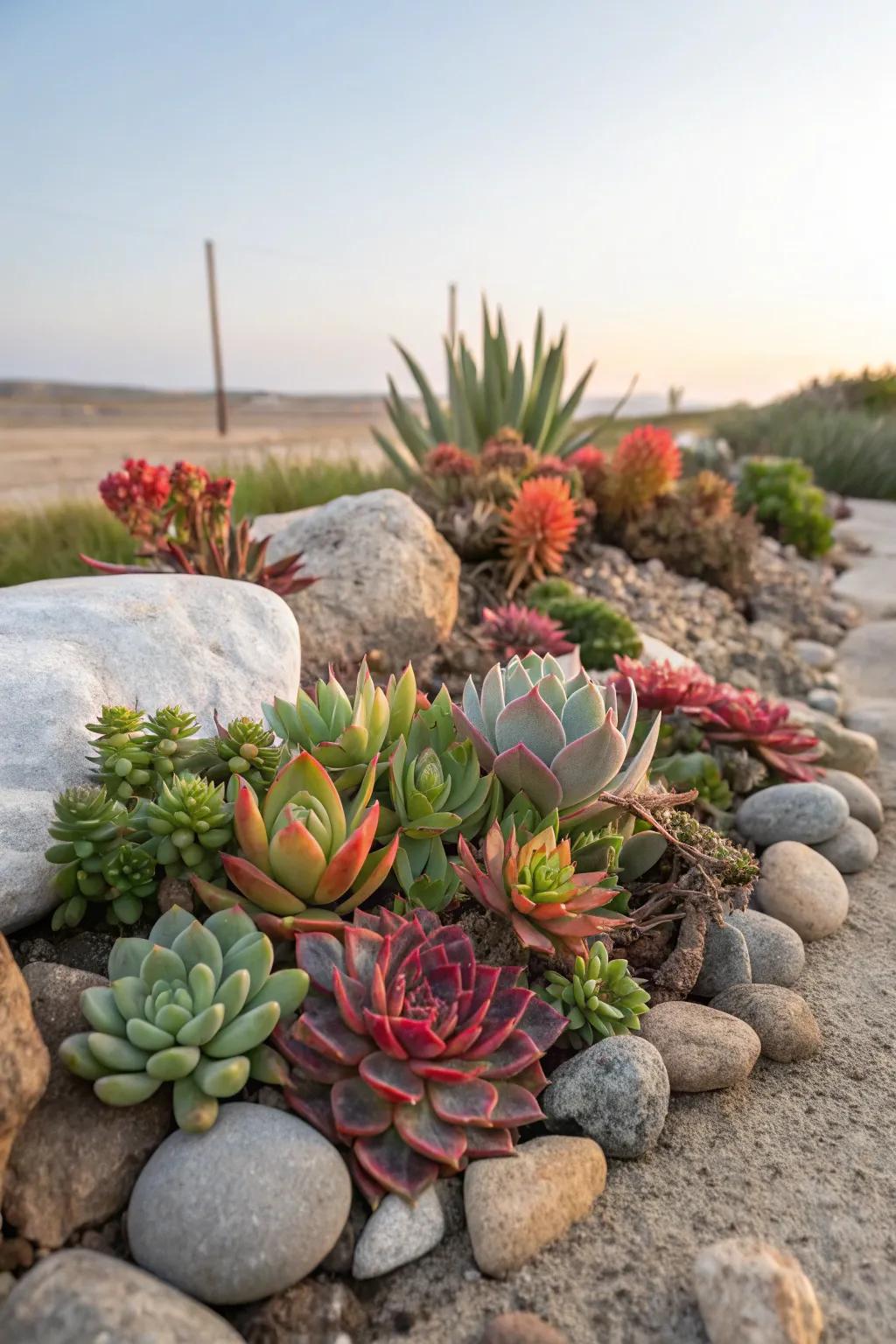 Fleshy plants nestled with stones producing a sustainable garden arrangement.