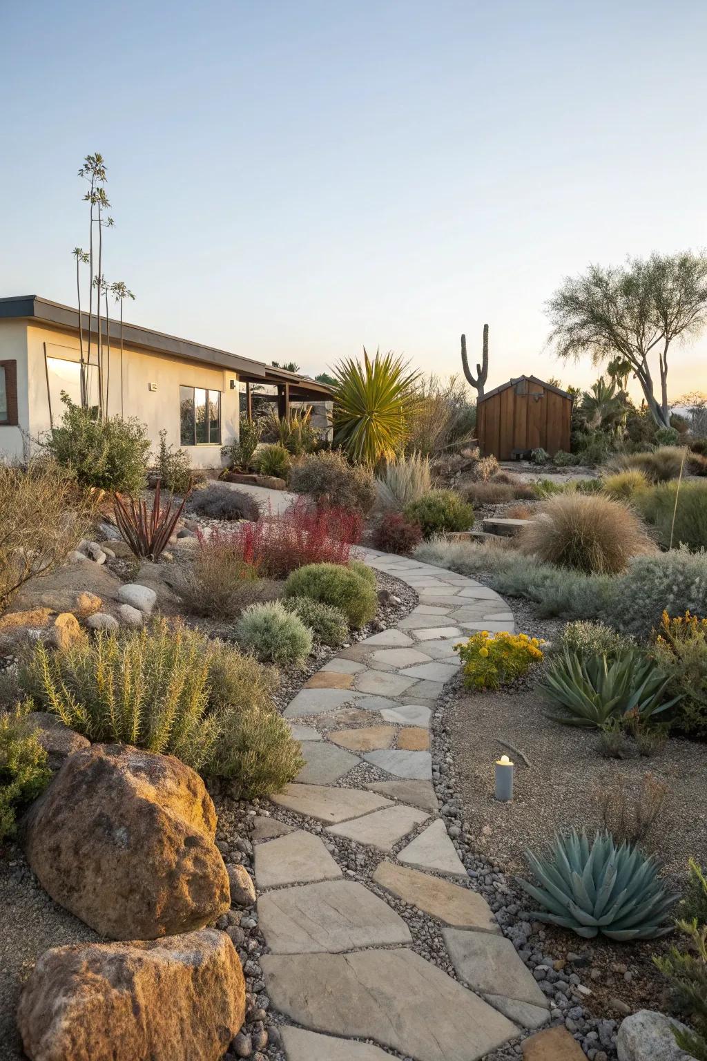 Stone walkways provide both functionality and beauty in a xeriscape front garden.