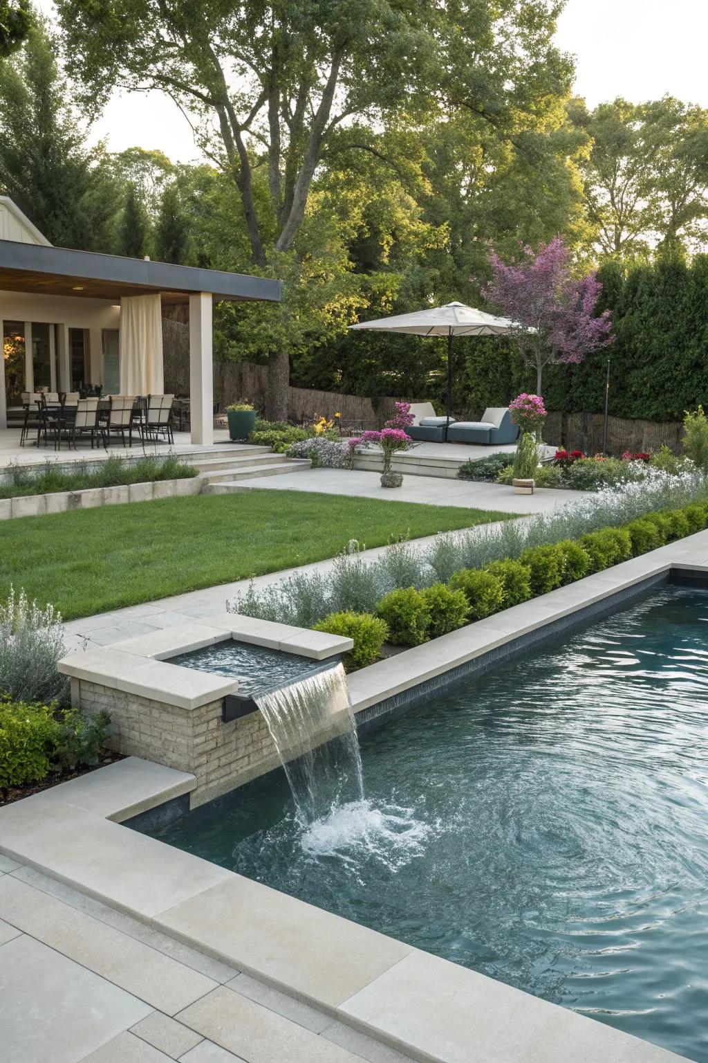A modern swimming pool enhanced with elegant landscaping.