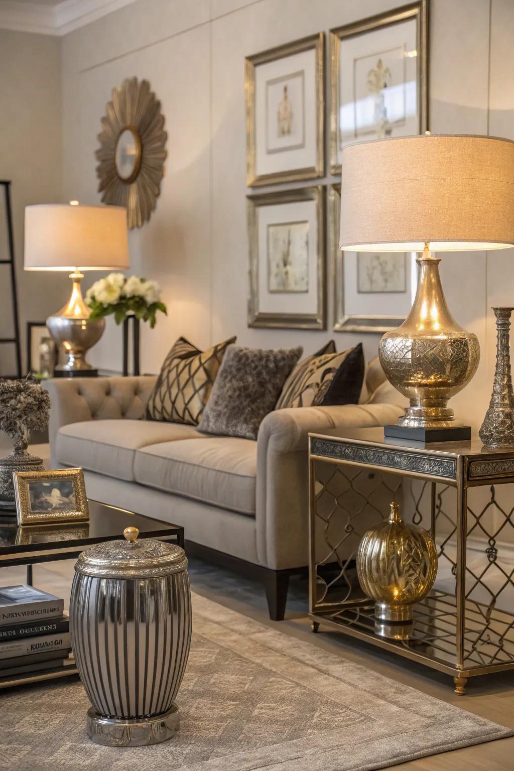 Shimmering polished accents contribute a touch of glamour to this dwelling space.