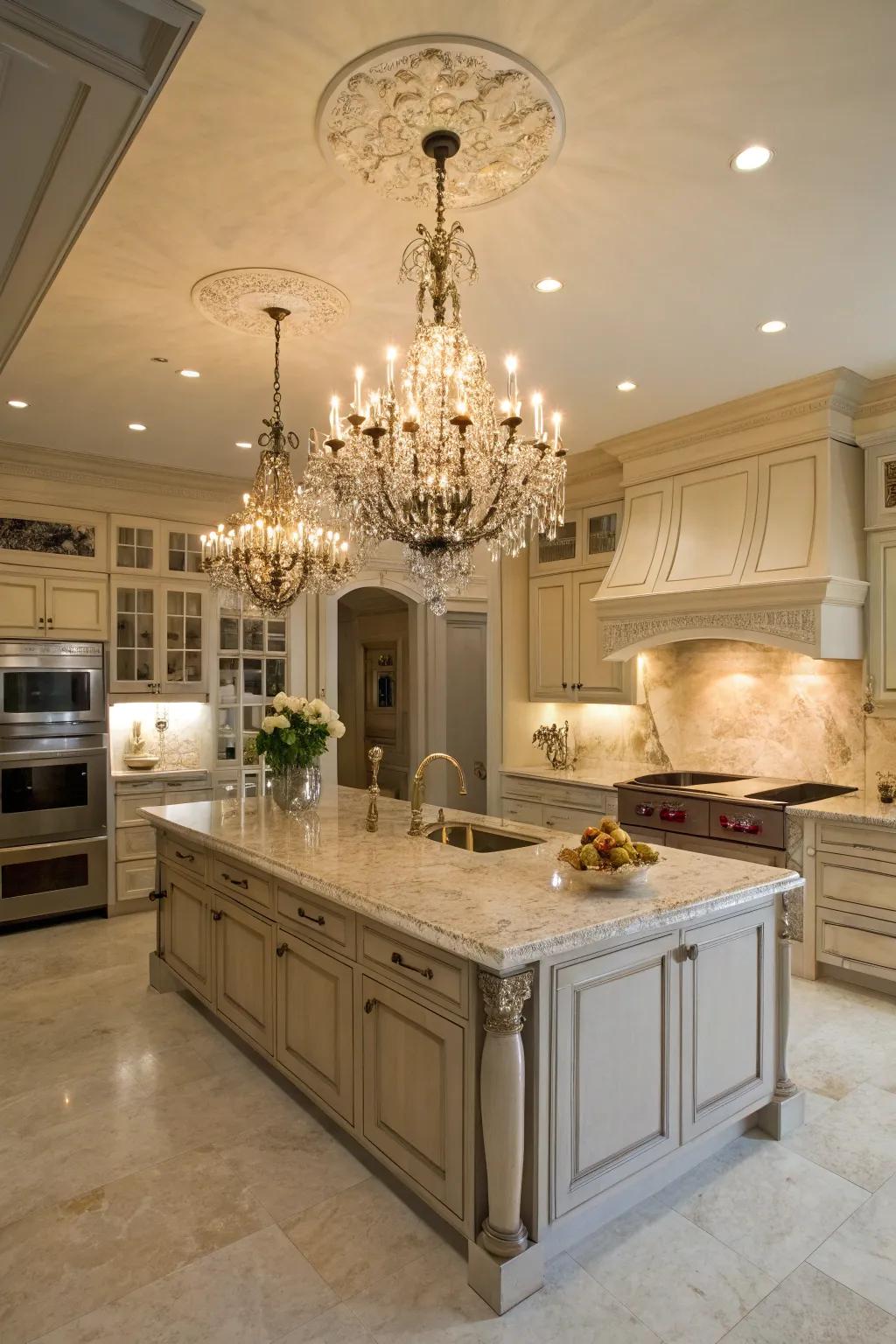 Chandelier as a centerpiece in a luxury kitchen.