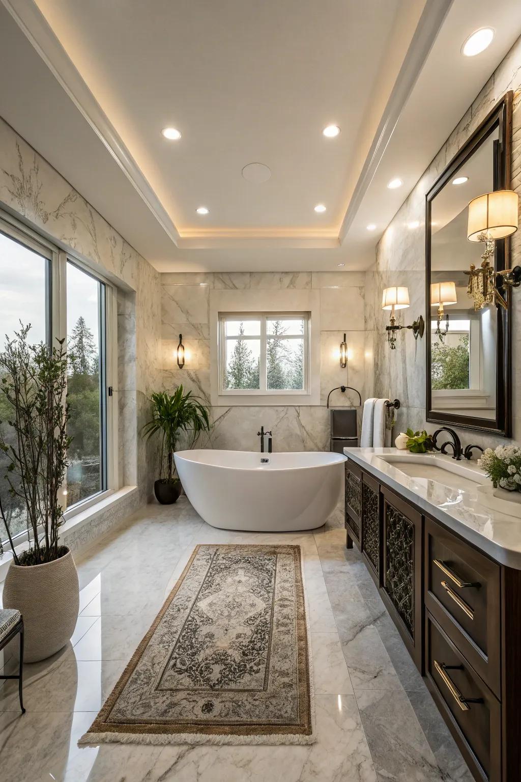A contemporary primary bathroom highlighting a solitary soaking tub as its core feature.