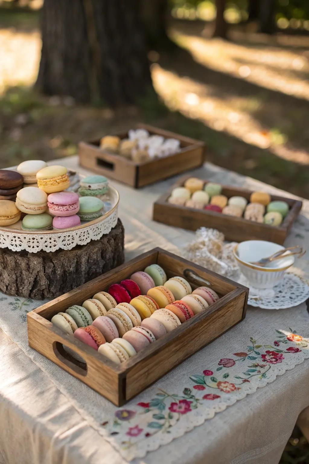 Down-to-earth timber platters showcasing a variety of macarons.
