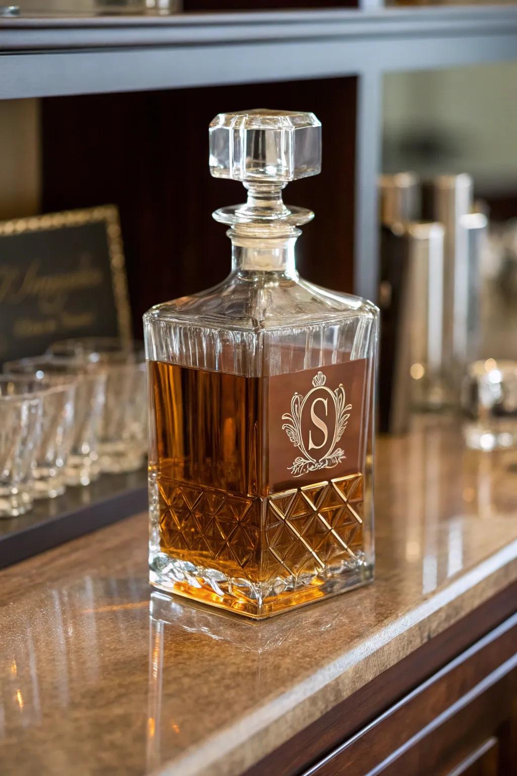 A personalized whiskey decanter gives a sophisticated feel.