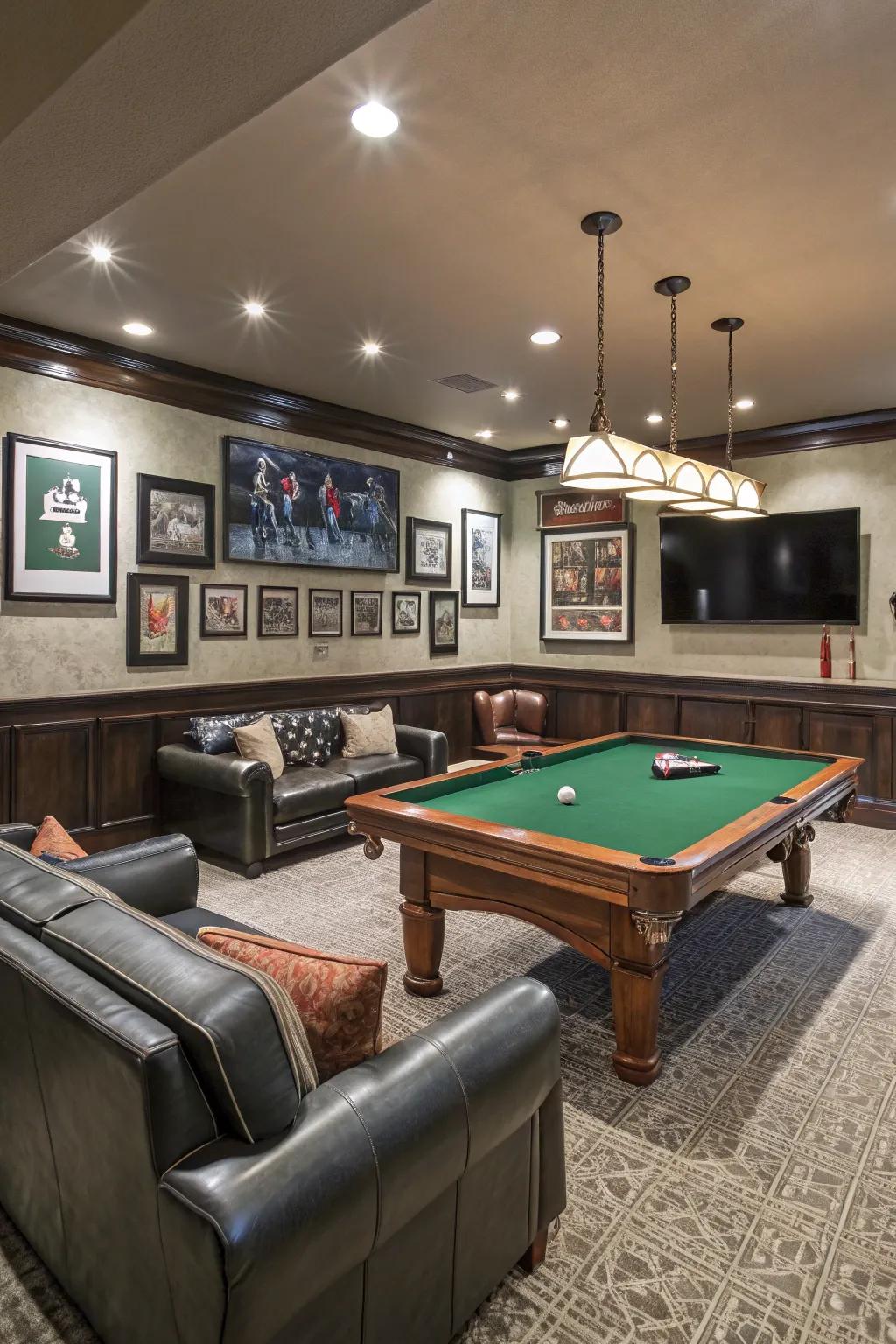 A snooker table incorporating playful dynamics to a man cave setting.