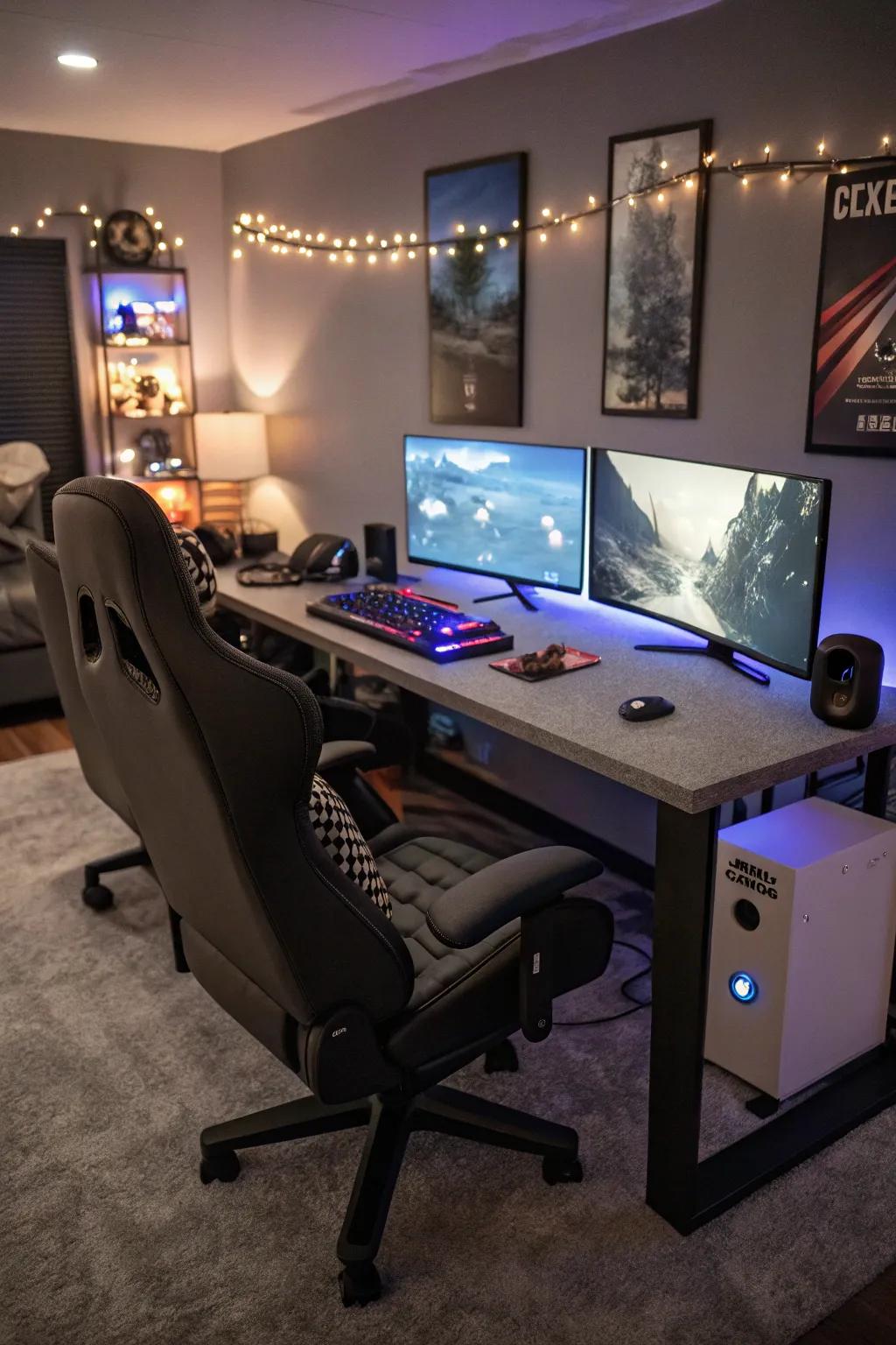 An epic gaming station with ergonomic seating and screens galore.