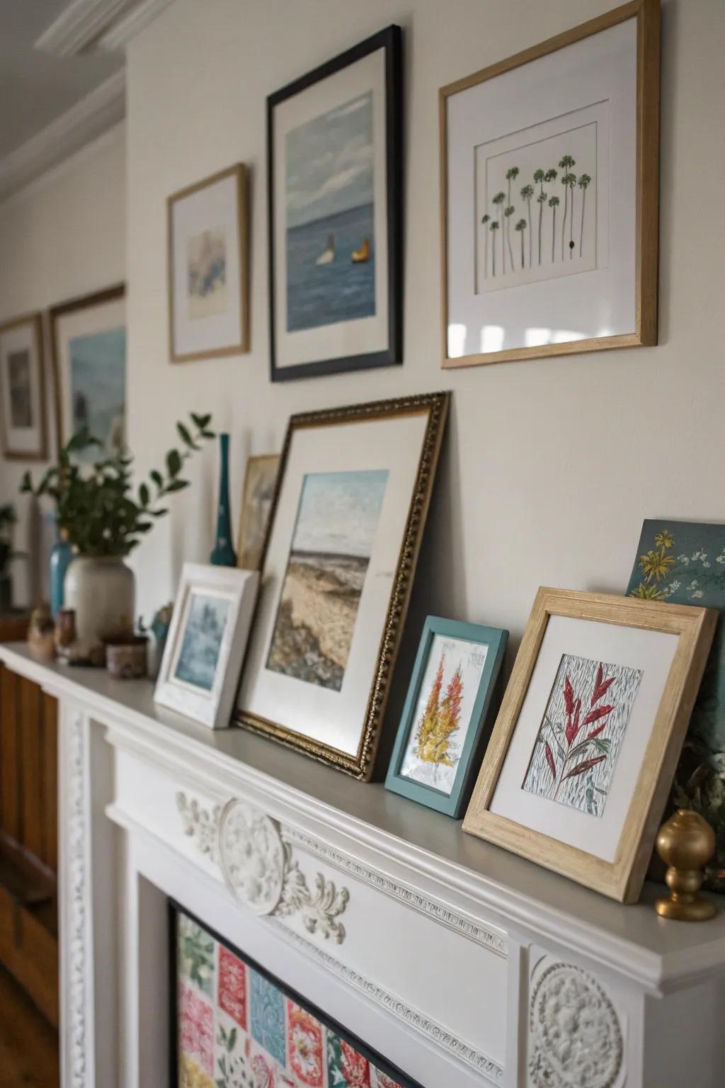 A selection of art pieces contributes a vibrant and personal touch to this mantel.