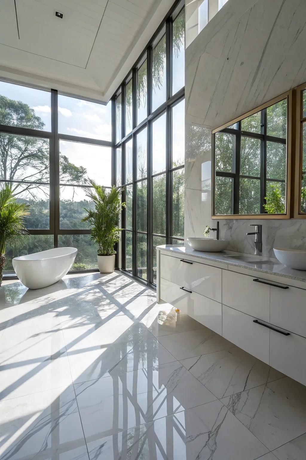 A sun-drenched bathroom highlights the beauty of artificial marble stone surfaces.