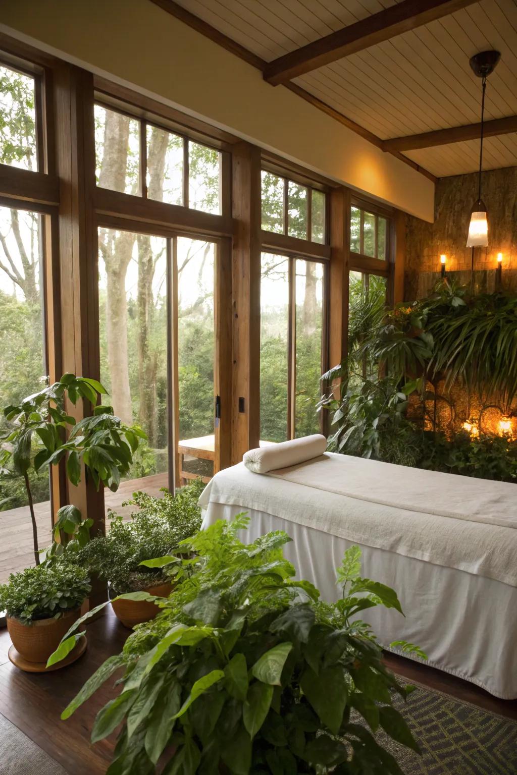 A massage space boasting rich greenery and natural light.