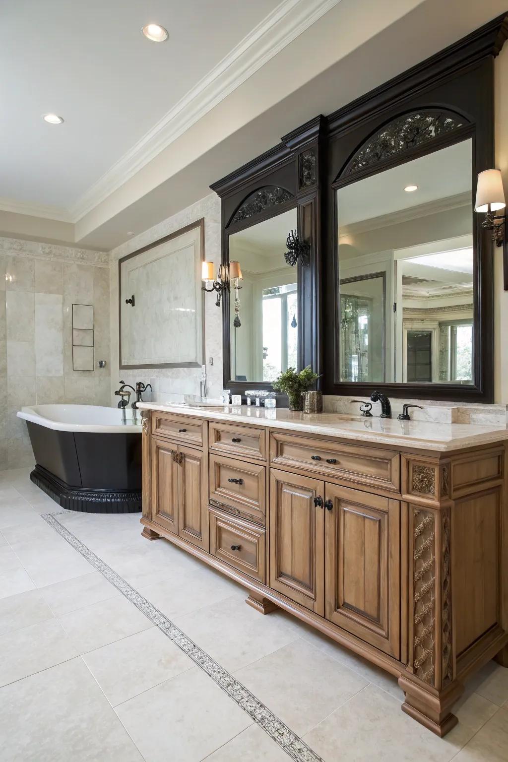 A primary bathroom featuring contrasting dark and light wood vanities.