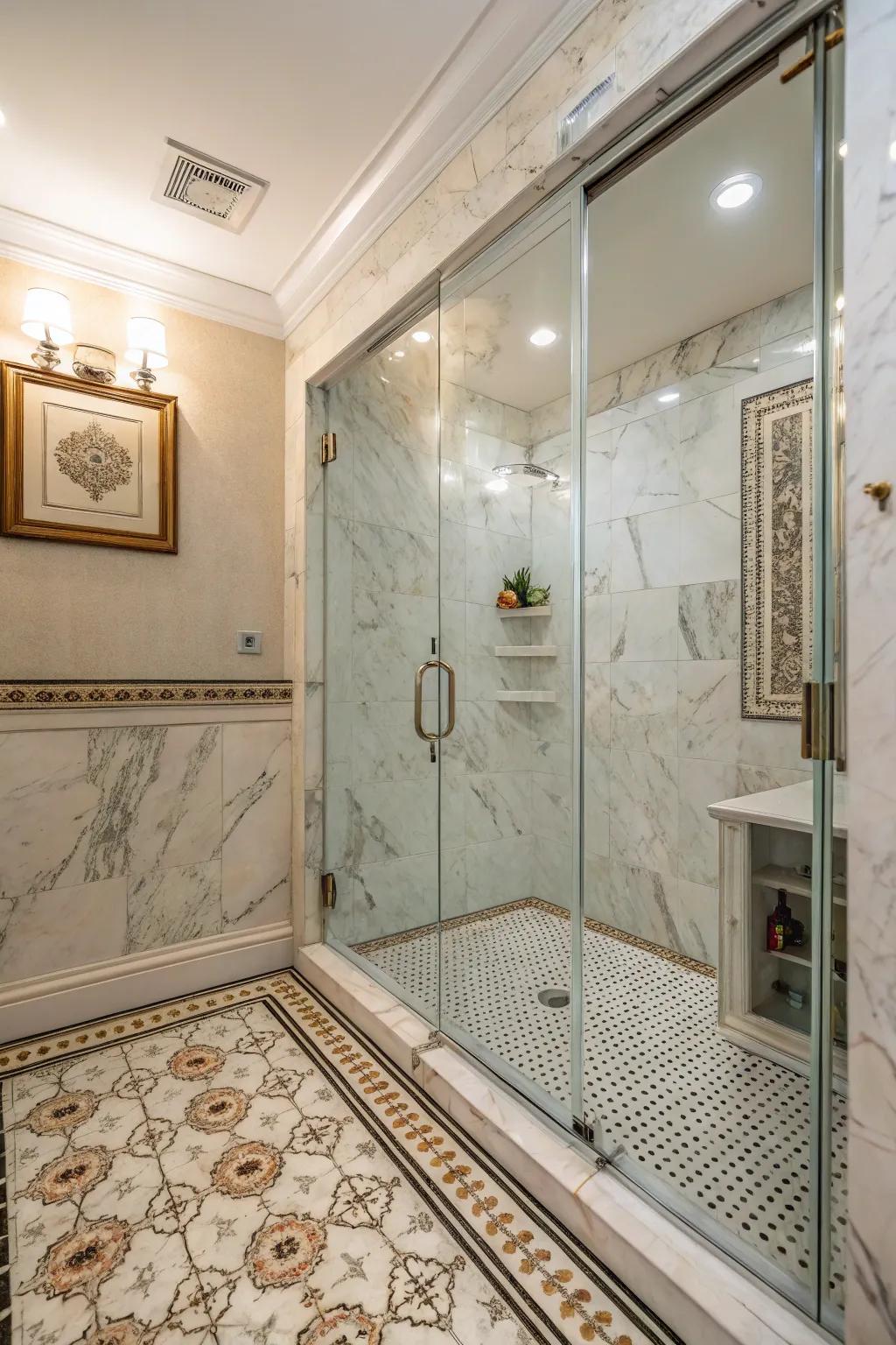 A walk-in shower featuring beautiful stone and tile artistry.