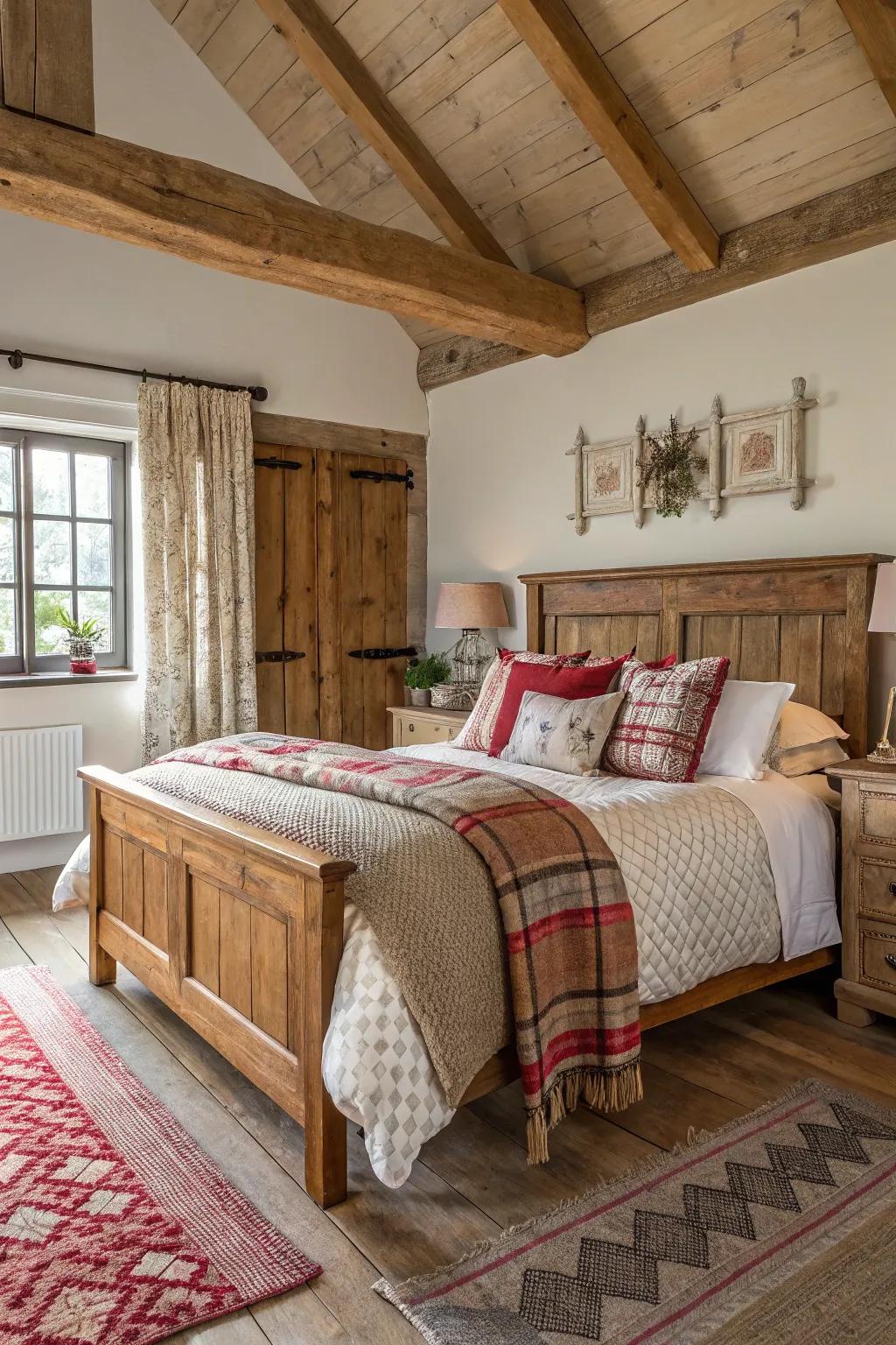 Inviting and snug country-style bedding highlighted by layered textures
