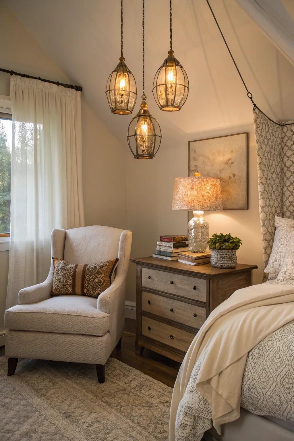 Pendant lights enhancing style and maximizing nightstand space.