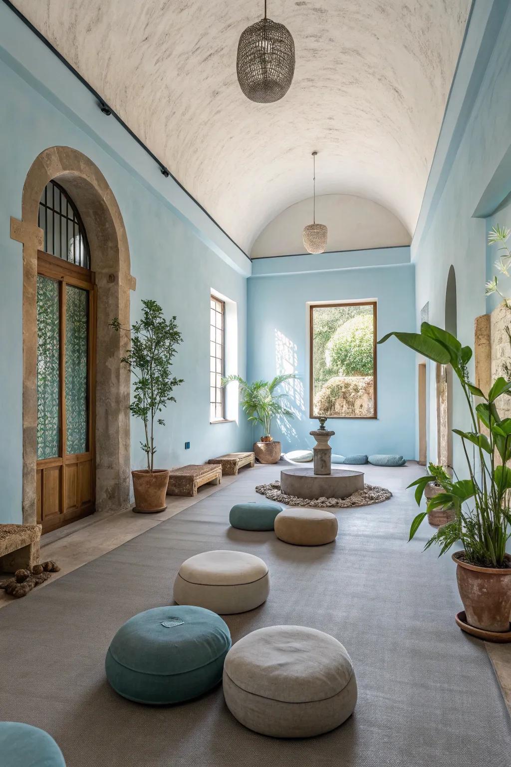 A meditation room featuring calming blue and terracotta-toned walls.