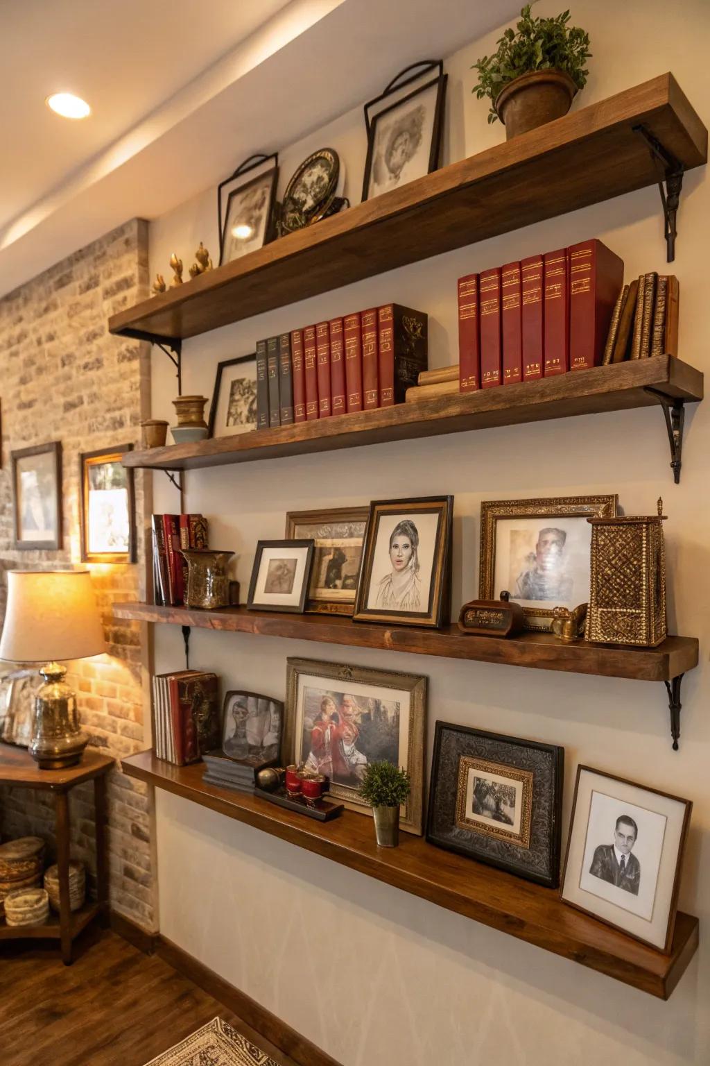 Ornamental ledge arrangement laden with esteemed remembrances conceiving a vibrant celebration space.