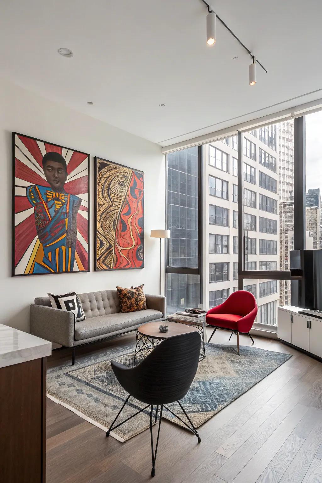 A vibrant living area enhanced by thoughtfully selected personal artwork.